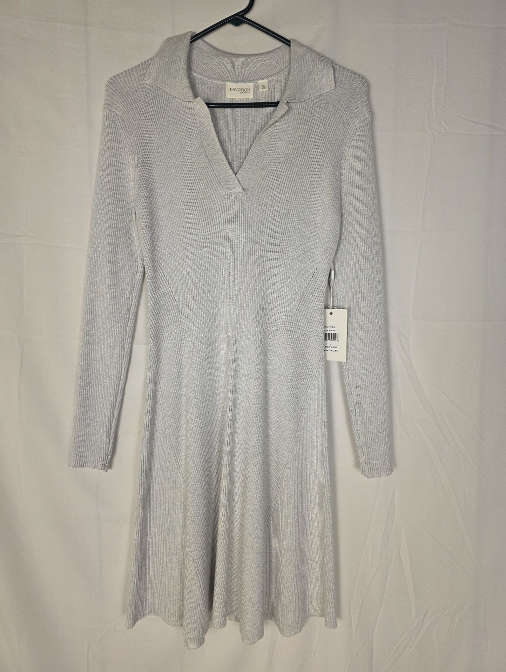 Devotion By CyrusLight Gray Ribbed Polo-Knit Long Sleeve Dress with Flared Skirt